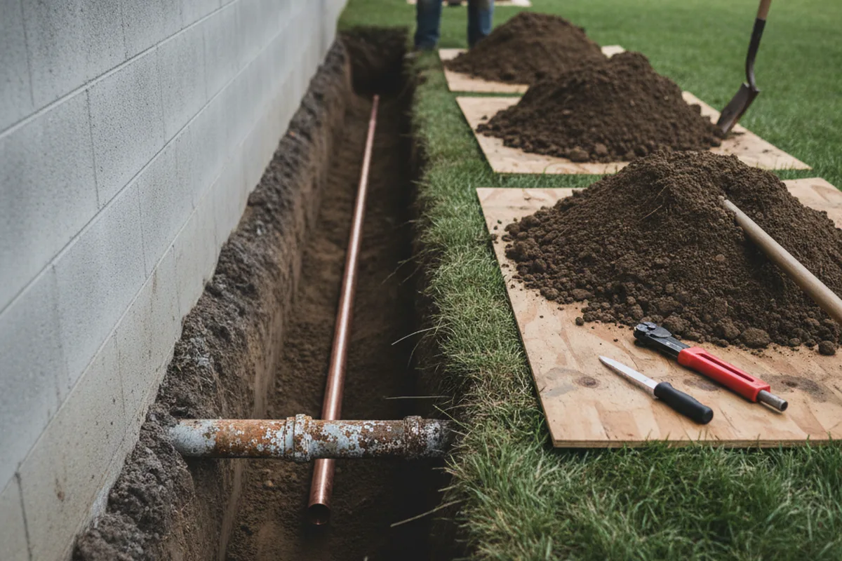 Excavated water line trench during Sewer Line Repair in Pepperell